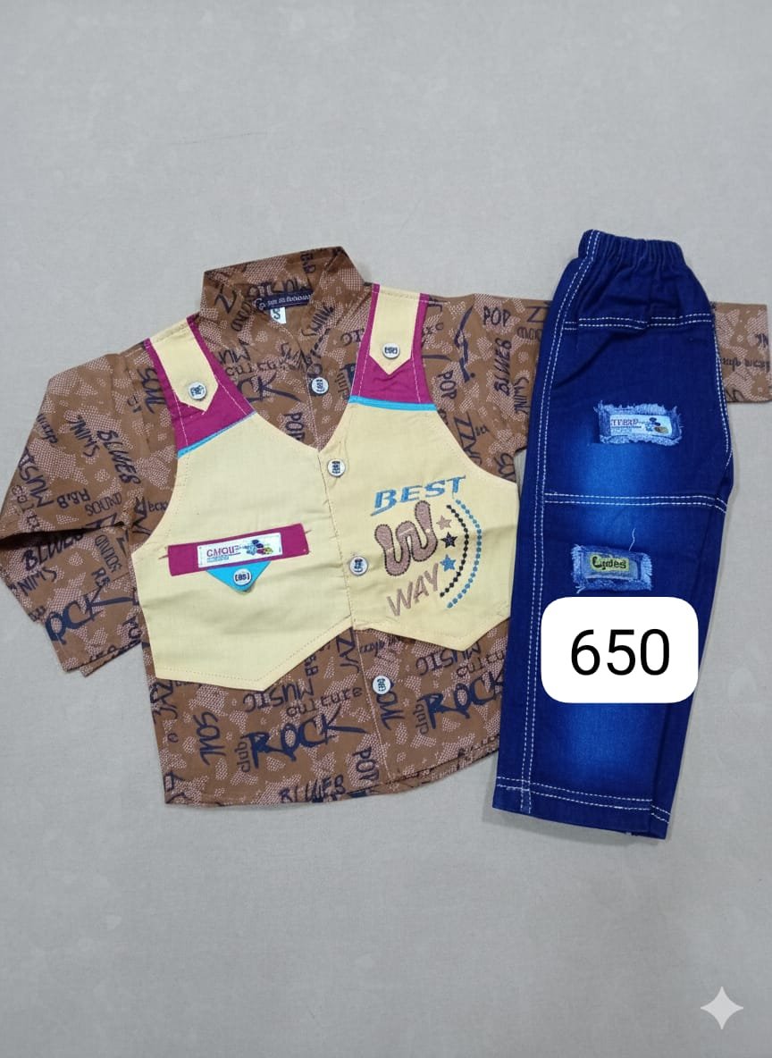 Boys' Rock & Roll Waistcoat-Style Shirt with Distressed Denim Pants Set